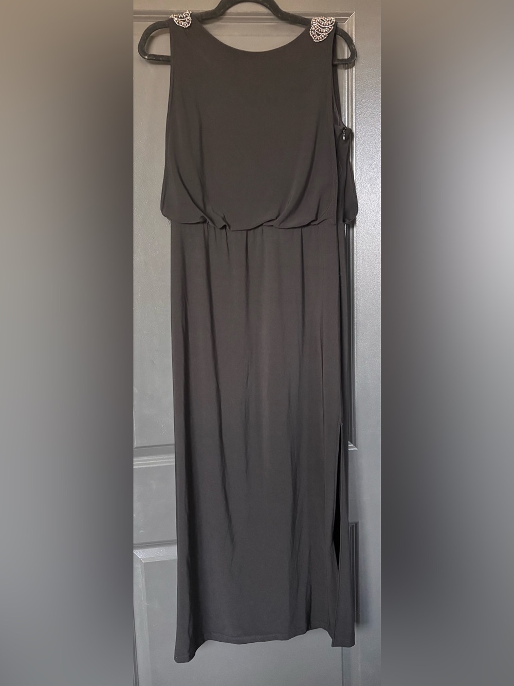 R&M Richards Black Sleeveless Evening Gown with Embellished Shoulders